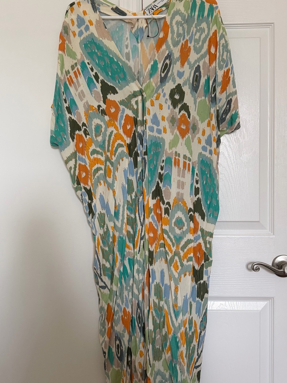 Zara Multicolor Abstract Print Midi Dress — Teal, Orange, Green, Cream